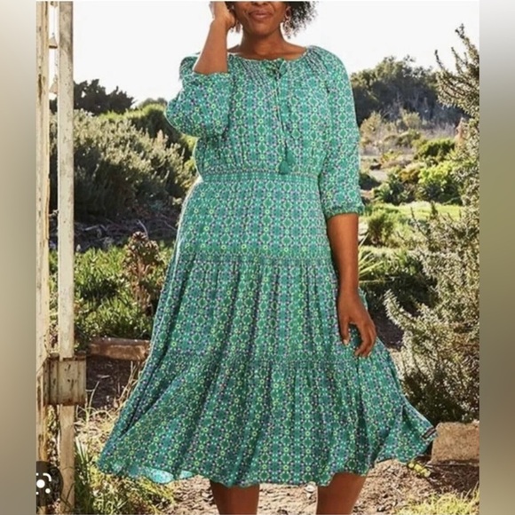 Matilda Jane • Age of Aquarius Green Tiered Midi Dress w/ Purple Florals • Sz L - Picture 1 of 10
